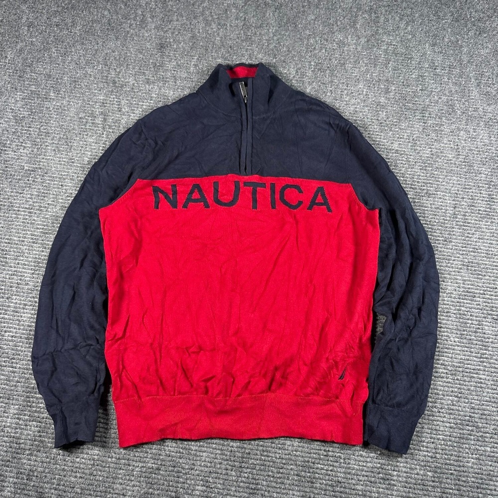 Nautica Quarter Zip Sweater Mens Medium Navy Red Excellent Colorblock Logo